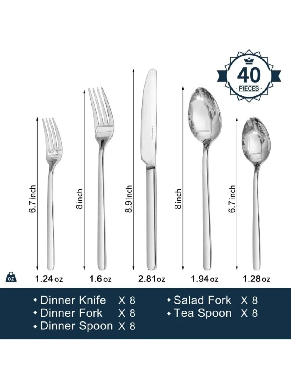 40-Piece Stainless Steel Flatware Set for 8, Modern Mirror Polished Cutlery